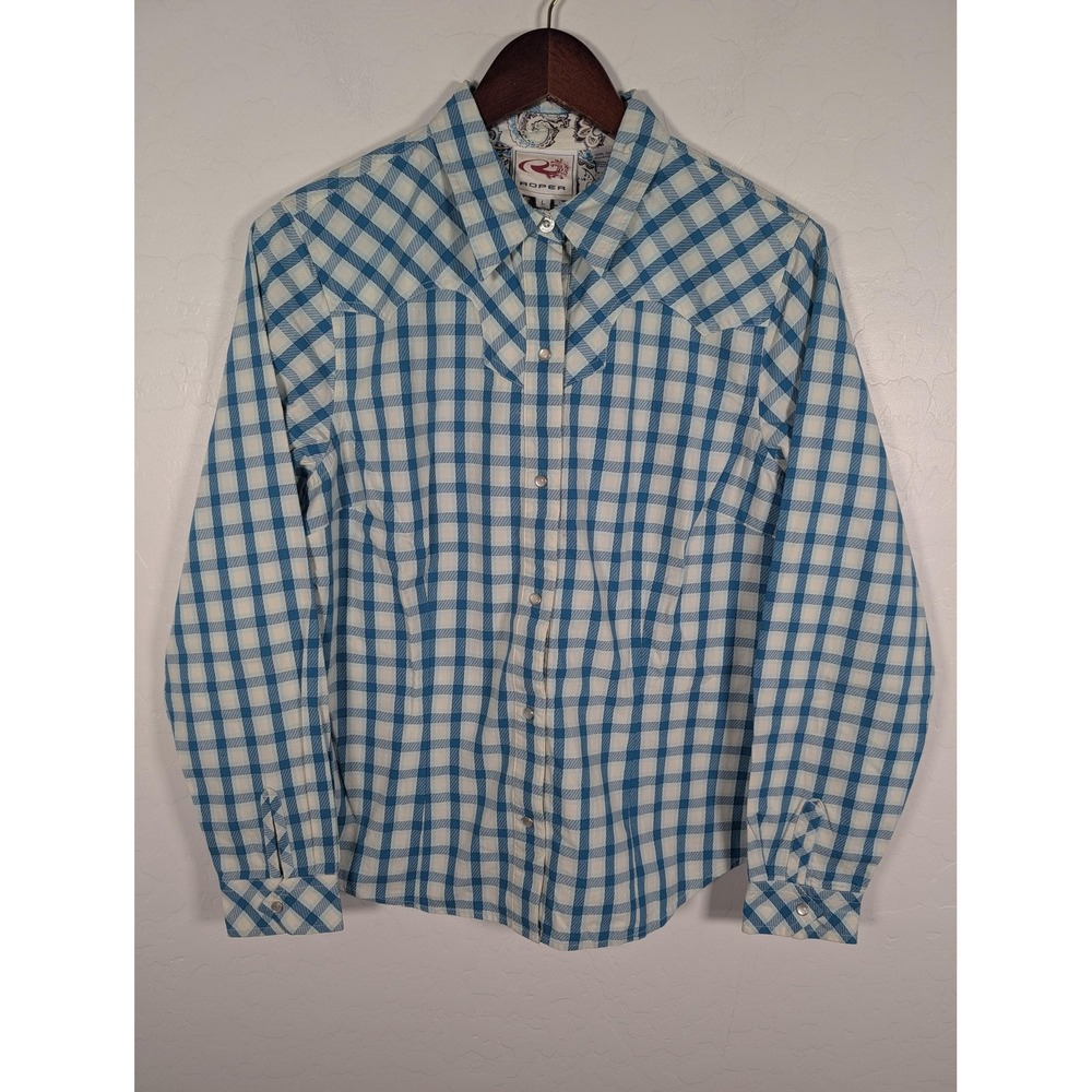 Roper Shirt Womens Large Blue White‎ Plaid Western Pearl Snap Cowboy Rodeo